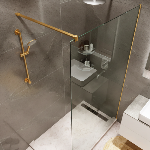 Душевая перегородка типа walk-in свободный вход 900х2000 прозрачное стекло / профиль матовое золото