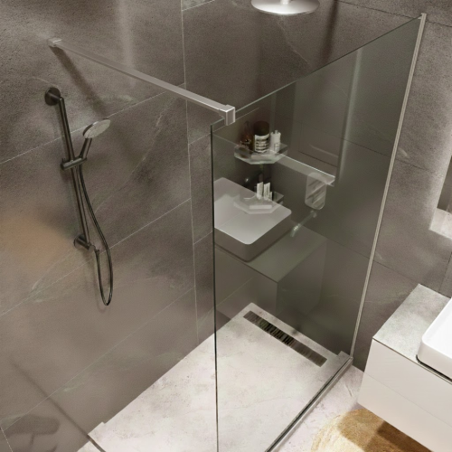 Душевая перегородка типа walk-in свободный вход 900х2000 прозрачное стекло / профиль сатин