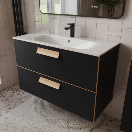 Тумба с раковиной для ванной MEBELVANN  НОТО 100 см подвесная  Чёрный soft touch