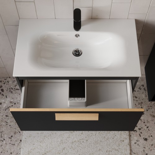 Тумба с раковиной для ванной MEBELVANN  НОТО 80 см подвесная  Чёрный soft touch