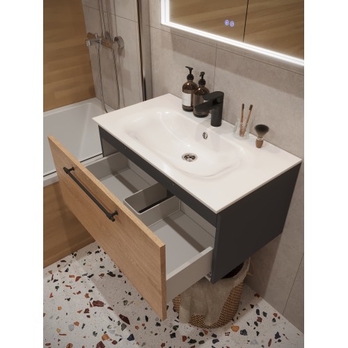 Тумба с раковиной для ванной MEBELVANN ВЕНТА 80см подвесная Шпон Дуб Европейский