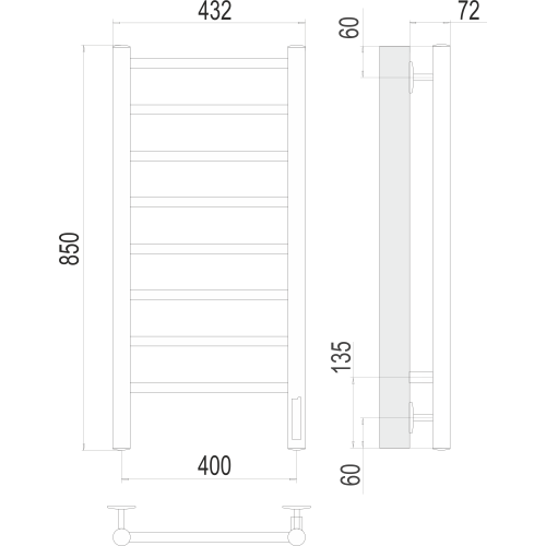 Полотенцесушитель Terminus Аврора П8 400х850 электро Латунь Матовая PVD