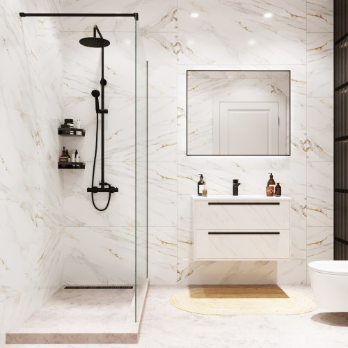 Душевая перегородка типа walk-in свободный вход 900х2000 прозрачное стекло / профиль черный