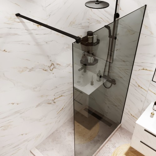 Душевая перегородка типа walk-in свободный вход 1200х2000 тонированное стекло / профиль черный 