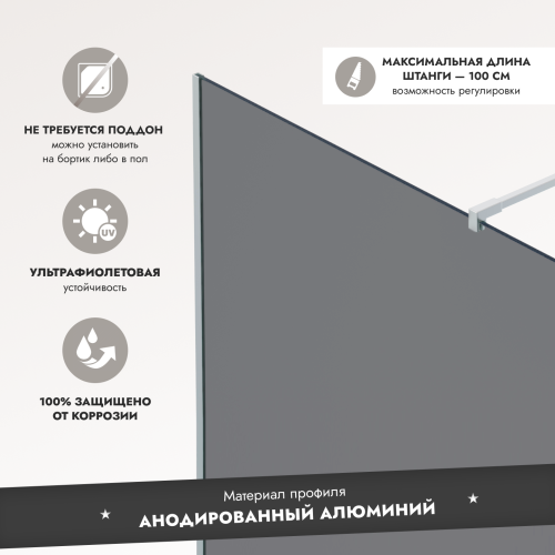 Душевая перегородка типа walk-in свободный вход 900х2000 тонированное стекло / профиль хром